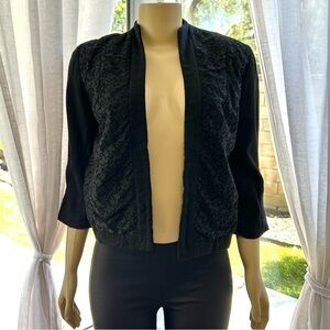 LILLI ANN Open Front Blazer Size M Medium Black Vintage DESIGNER Floral Lace